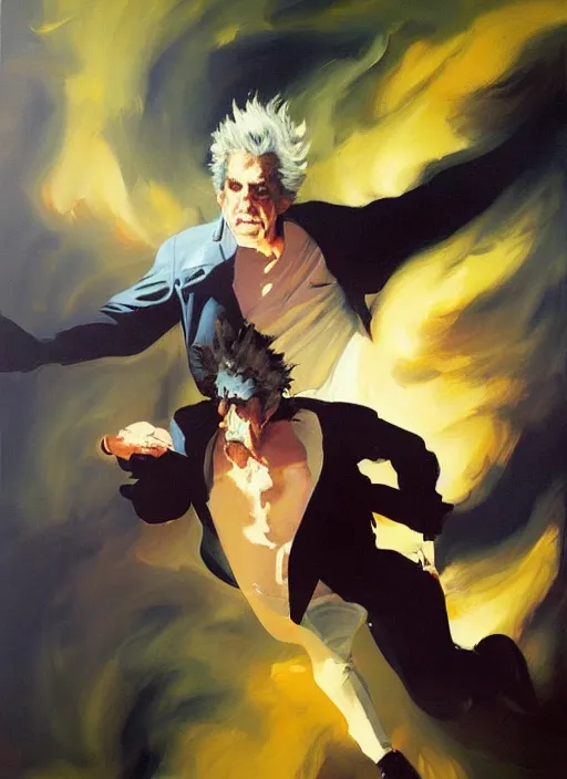 Prompt: real life rick sanchez, painting by phil hale, fransico goya,'action lines '!!!, graphic style, visible brushstrokes, motion blur, blurry, visible paint texture, crisp hd image