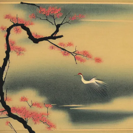 Prompt: two crane birds flying, red sun, clouds, cherry blossom, water, old vintage japanese art illustration