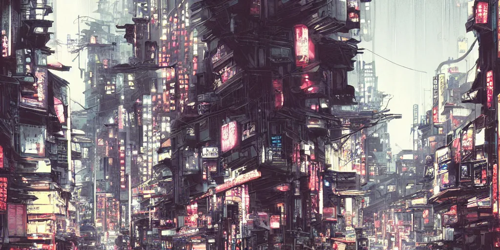 Prompt: cinematic high contrast graphic illustration of a hyper detailed street in neo tokyo by greg rutkowski