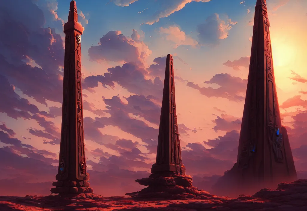 Image similar to a steampunk obelisk in a gloomy desert at dawn, intricate oil painting, high detail illustration, sharp high detail, manga and anime 1 9 9 9, official fanart behance hd artstation by jesper ejsing and makoto shinkai, 4 k,