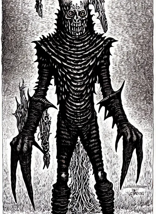 Image similar to pinhead as a d & d monster, full body, pen - and - ink illustration, etching, by russ nicholson, david a trampier, larry elmore, 1 9 8 1, hq scan, intricate details, monster manula, fiend folio