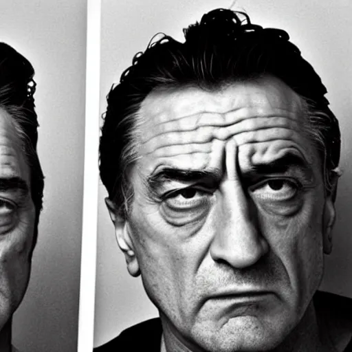 Prompt: Portrait photograph, mugshot of an angry Robert de Niro by Ansel Adams