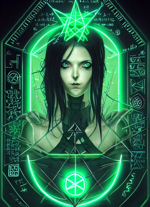 Image similar to portrait of cyberpunk inspired evangelion lady voidstar drawing a pentagram, runes, runic words, ancient evil letters, glowing green, intricate, elegant, glowing lights, highly detailed, digital painting, artstation, concept art, smooth, sharp focus, illustration, art by wlop, mars ravelo and greg rutkowski