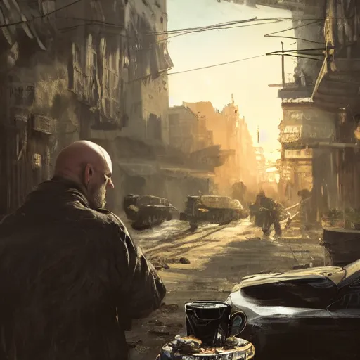 Prompt: painting of an undercover cup, concept art, in europe, mediterranean origin, bald with short beard, max payne, call of duty, golden hour, city environment, dramatic lighting, digital art, 8 k, extremely detailed, drawn by ruan jia