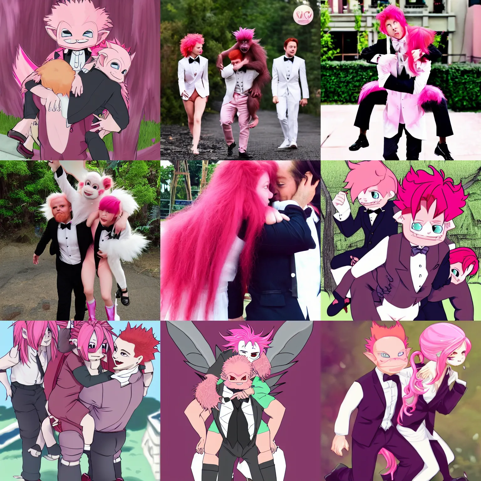 Prompt: smol pink haired gremlin fairy demon piggybacking redhaired ape sasquatch with white tuxedo
