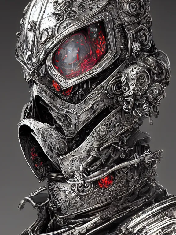 Image similar to portrait art of 8k ultra realistic undead wraith, ornate helmet , detailed intricate ornate armour,corrupted, cybernetic, full of colour, cinematic lighting, battered, trending on artstation, 4k, hyperrealistic, focused, extreme details,unreal engine 5, cinematic, masterpiece, art by ayami kojima, giger