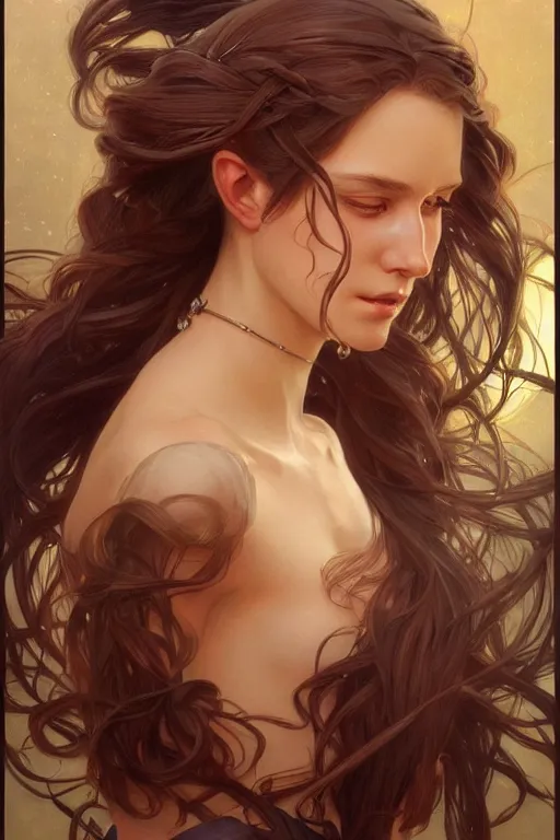 Prompt: portrait of everything, long hair, fantasy, elegant, intricate, full frontal shot, highly detailed, digital painting, artstation, concept art, sharp focus, illustration, art by artgerm and greg rutkowski and alphonse mucha