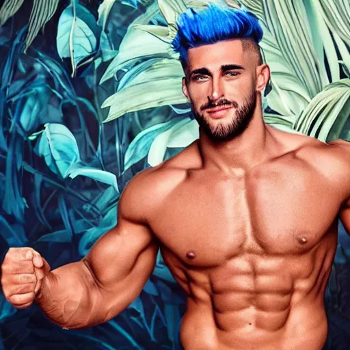 Prompt: a realistic detailed photo of a handsome attractive guy who is taking part in love island, shirtless, blue hair, full body shot, showing off his muscles, great detailed face