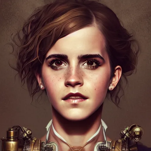 Image similar to steampunk portrait of emma watson, au naturel, hyper detailed, digital art, trending in artstation, cinematic lighting, studio quality, smooth render, unreal engine 5 rendered, octane rendered, art style by klimt and nixeu and ian sprigger and wlop and krenz cushart.