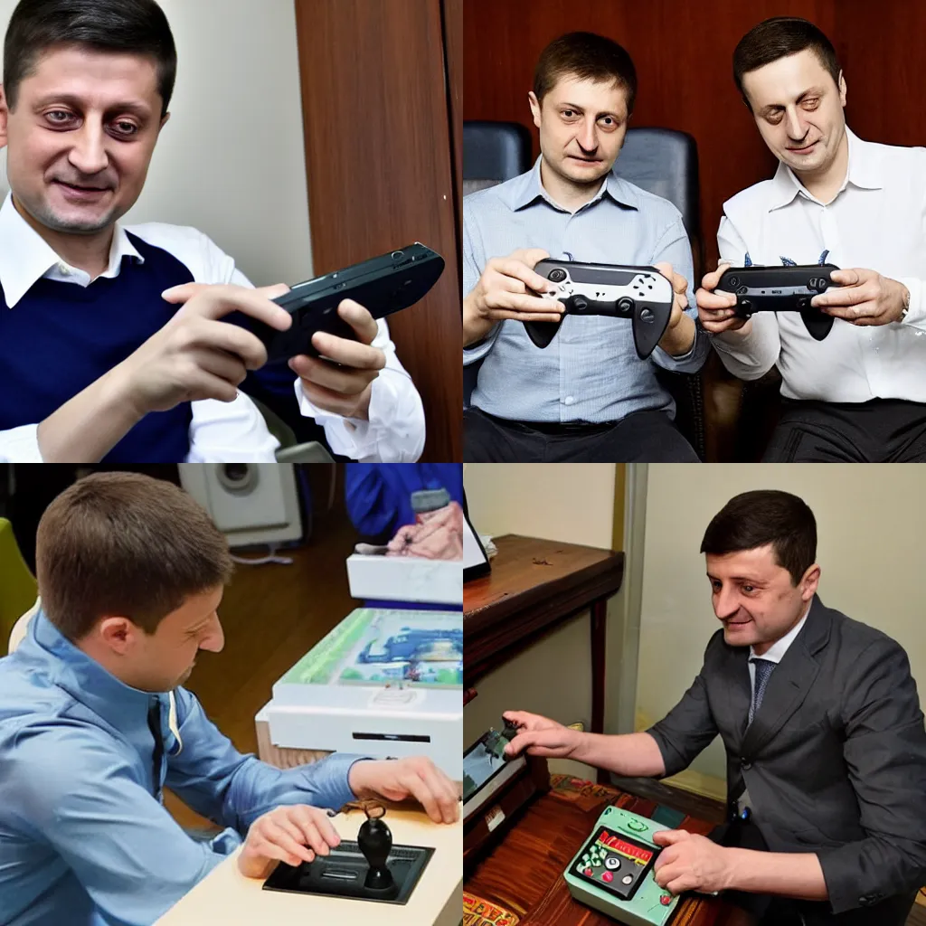 Prompt: Volodymyr Zelensky playing Nintendo