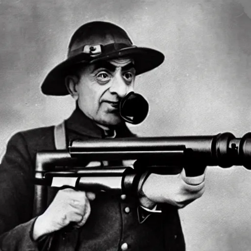 Image similar to old wartime photograph of mr bean holding a lewis gun, 1 9 1 7