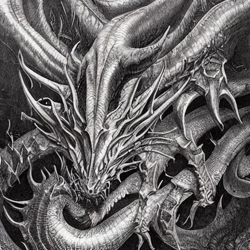 Image similar to a portrait of a dark entropy dragon, detailed, fantasy, scary, realistic, frightening, ornate, horns, spikes, incredible, masterpiece, amazing, wow!, sense of awe, award winning, greg rutowski, bosch, mc escher, dali