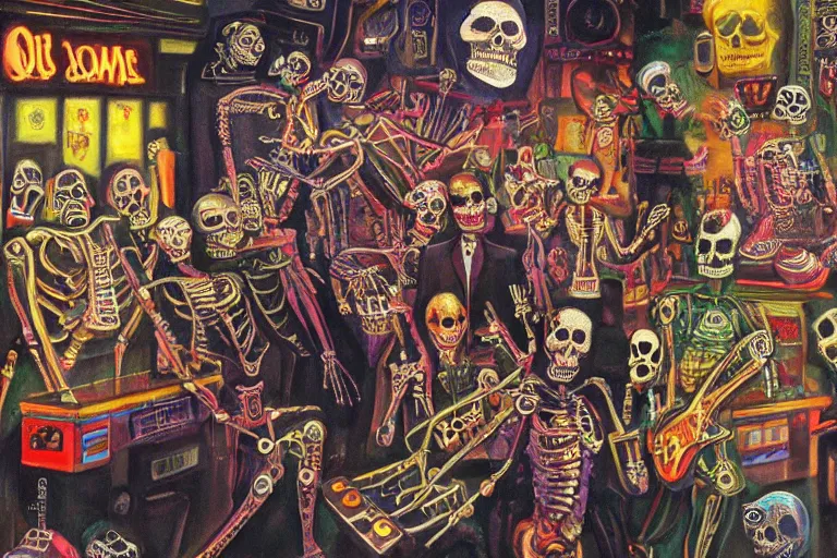 Image similar to scene from amusement arcade, day of the dead, cyber skeletons, queen in black silk in the center, neon painting by otto dix