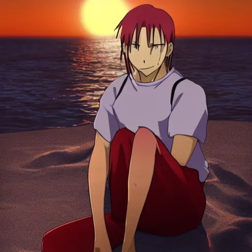 Prompt: edward from fullmetal alchemist sitting on the beach with the sun setting in the background