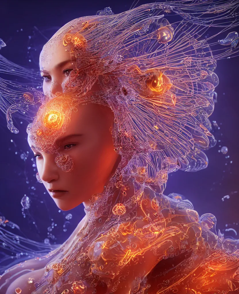 Image similar to close-up macro portrait of the face of a beautiful princess, epic angle and pose, symmetrical artwork, 3d with depth of field, blurred background, cybernetic jellyfish female face skull phoenix bird, translucent, nautilus, energy flows of water and fire. a highly detailed epic cinematic concept art CG render. made in Maya, Blender and Photoshop, octane render, excellent composition, cinematic dystopian brutalist atmosphere, dynamic dramatic cinematic lighting, aesthetic, very inspirational, arthouse. y Greg Rutkowski, Ilya Kuvshinov, WLOP, Stanley Artgerm Lau, Ruan Jia and Fenghua Zhong