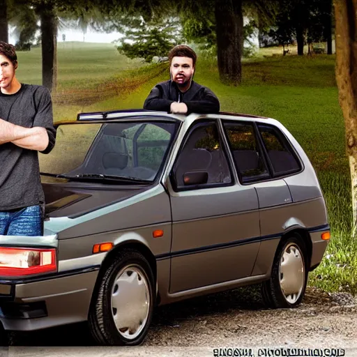 Prompt: two very very handsome males standing infront of an Fiat FSO Polonez, Realistic, HDR, 8K n 9