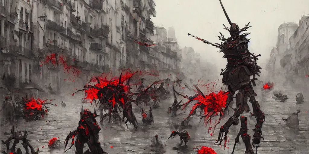 Prompt: demonic samurai robot on the streets of paris, very detailed painting, concept art, very creepy, pile of bodies, a lot of blood on the streets, art by jakub rozalski