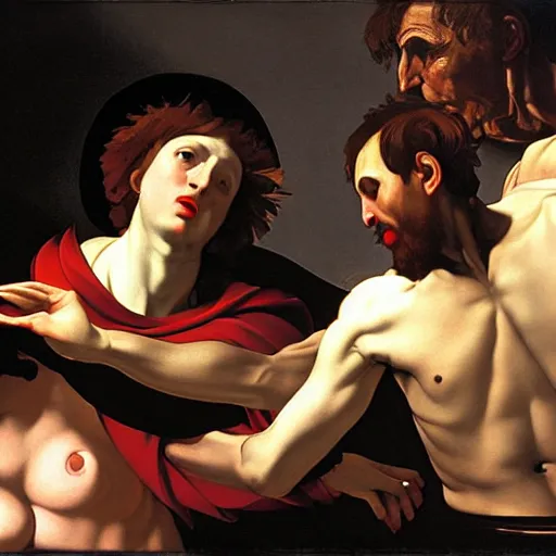 Prompt: the creation of adam by caravaggio with robots