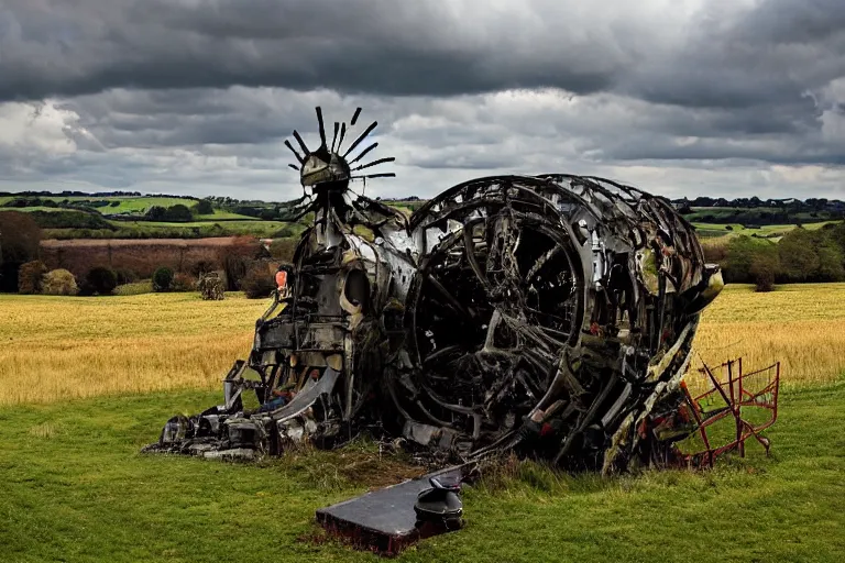 Prompt: beautiful english countryside, a ginormous destroyed streampunk machine lies broken in a field, many people, fire and oil