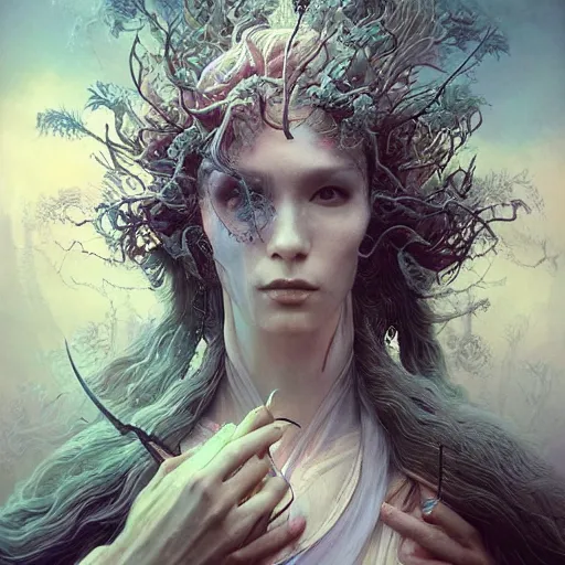 Image similar to Hyperrealistic beautiful detail matte 3d painting of a very beautiful priest with spear of darkness and dark smoke aura by ellen jewett, dan Mumford, beeple, Alex grey, monia merlo, Miho Hirano tomasz alen kopera and Justin Gerard