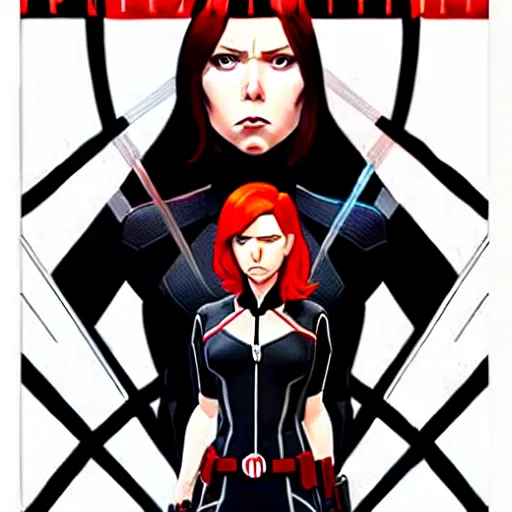 Prompt: phil noto comicbook cover art, black widow marvel, symmetrical eyes, long red hair, full body, city rooftop