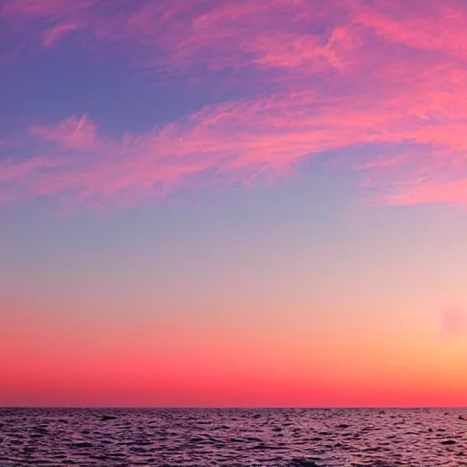 Prompt: dreamland blush colored sky with light feathery pink clouds on a reflective waveless flat open ocean reflecting the sky