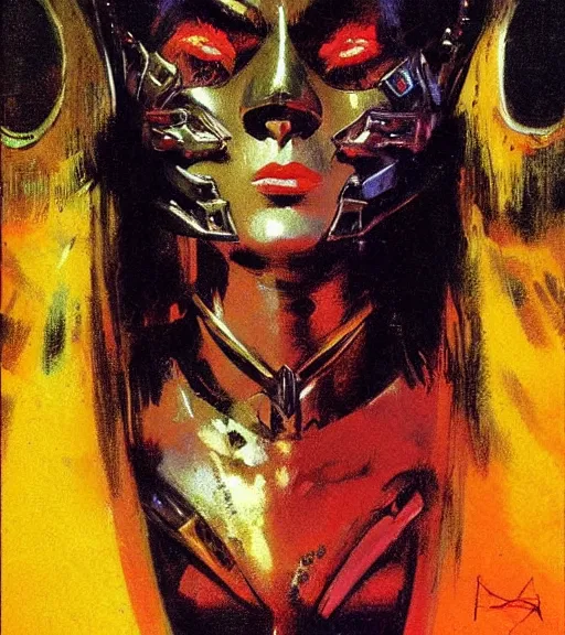 Image similar to portrait of strong female chaos angel, beautiful! coherent! by frank frazetta, by brom, strong line, vivid neon color, spiked metal armor, iron helmet maximalist