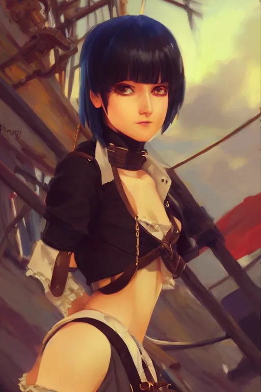 Prompt: a portrait of a cute young female pirate with black bob cut hair, pirate setting, vivid colors, soft lighting, atmospheric, cinematic, moody, in the style of Ilya Kuvshinov and Range Murata, Krenz Cushart, oil on canvas, 8k