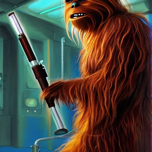 Image similar to chewbacca in a medical gown in an underground laboratory, vivid color, highly detailed, digital painting, artstation, concept art, matte, sharp focus, impressionnisme, art by edward robert hughes