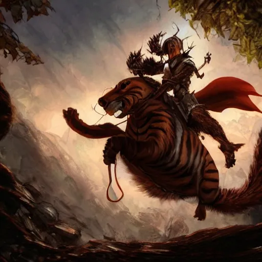 Prompt: Squirrel knight riding tiger, magic the gathering artwork, horror, D&D, fantasy, cinematic lighting, centered, symmetrical, highly detailed, digital painting, artstation, concept art, smooth, sharp focus, illustration, volumetric lighting, epic Composition, 8k, art by Akihiko Yoshida and Greg Rutkowski and Craig Mullins, oil painting, cgsociety