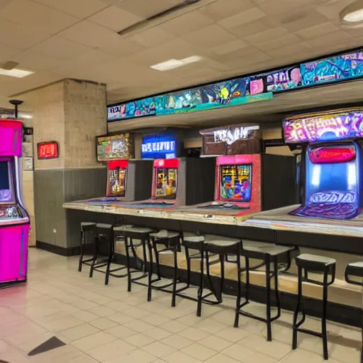 Image similar to an empty food court at a mall with a single arcade machine on the wall, vhs footage