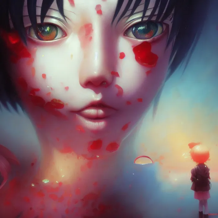 Prompt: Close up Mamimi Samejima Iwakura Lain, LSD Dream Emulator, paranoiascape ps1, official anime key media, Iwakura Lain, LSD Dream Emulator, paranoiascape ps1, official anime key media, painting by Vladimir Volegov, beksinski and dan mumford