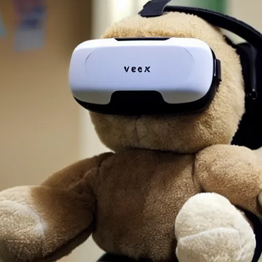 Prompt: a stuffed animal wearing a vr headset