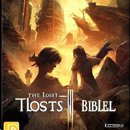 Image similar to The lost Bible, game poster printed on playstation 2 video game box , Artwork by Akihiko Yoshida, cinematic composition