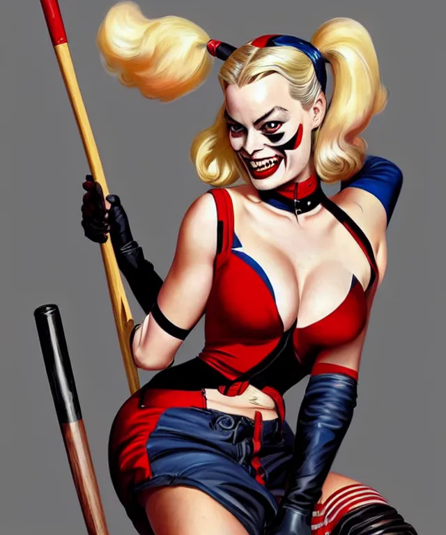 Image similar to 1940's pin-up Margot Robbie as Harley Quinn, fully dressed, with baseball bat, highly detailed, digital painting, artstation, concept art, smooth, sharp focus, illustration, art by artgerm and greg rutkowski and alphonse mucha