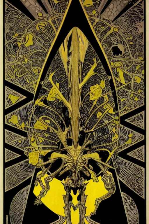 Prompt: black and yellow flat color risoprint, alphonse mucha, richard corben, wayne barlowe, moebius, heavy metal comic cover art, psychedelic triangular skeletal calcification fungus lich in darkiron spike armor, full body, hollow eyes, symmetrical face, long black crown, in a dungeon background, moody dark colors