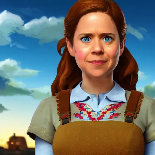 Prompt: pam beesly in breath of the wild, character render, full body shot, highly detailed, in game render