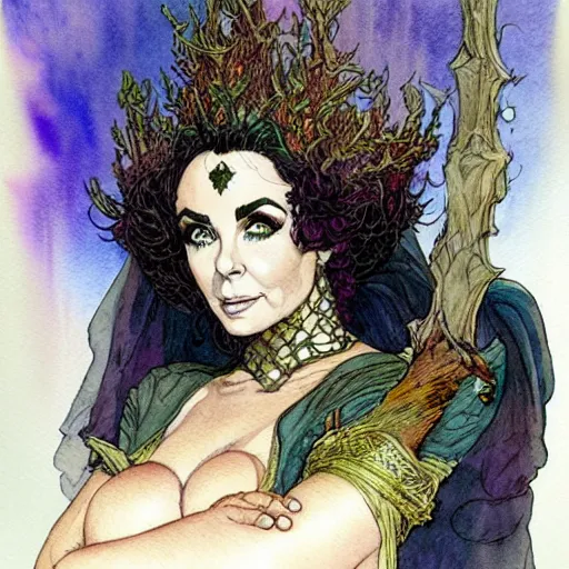 Image similar to a realistic and atmospheric watercolour fantasy character concept art portrait of elizabeth taylor as a druidic warrior wizard looking at the camera with an intelligent gaze by rebecca guay, michael kaluta, charles vess and jean moebius giraud