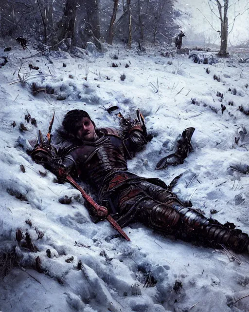 Image similar to Highly realistic oil painting of a wounded knight lying in the snow and surrounded by blue flowers, blood on flowers, by greg rutkowski, highly detailed, cinematic lighting, moody, dark