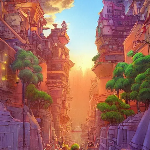 Prompt: a beautiful picture of a street in a lost floating aztec city in the sky, short range shot, art by Don Bluth, trending on Artstation