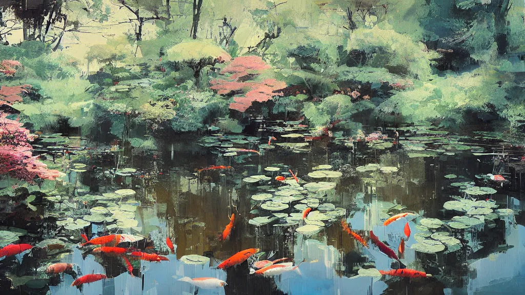 Image similar to painting of a koi pond by ismail inceoglu