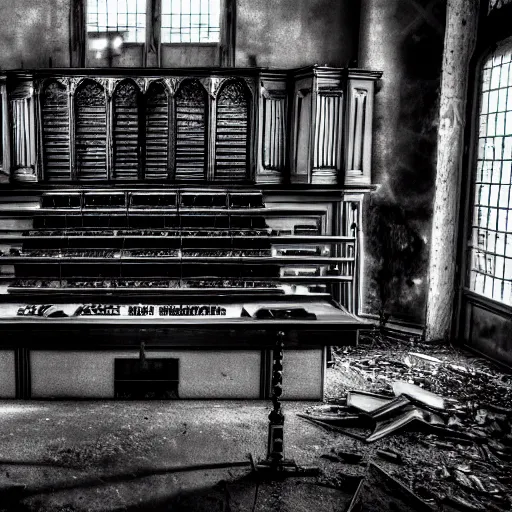 Image similar to black and white photo by karl gustav rodde of a haunted pipe organ in an abandoned warehouse, dirty, hazy, depressing, haunted