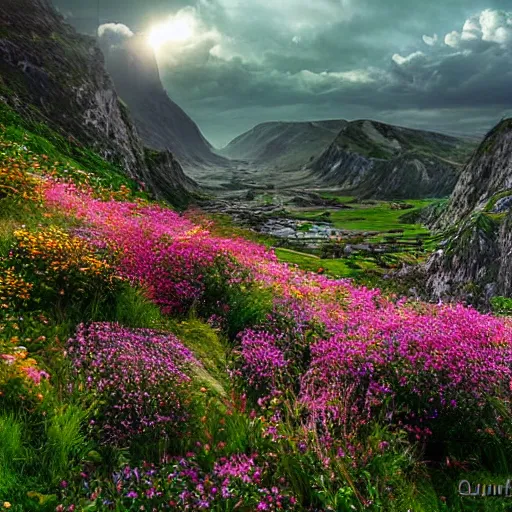 Image similar to the valley of flowers! near the sea! of dreams, ancient towers by quentin mabille