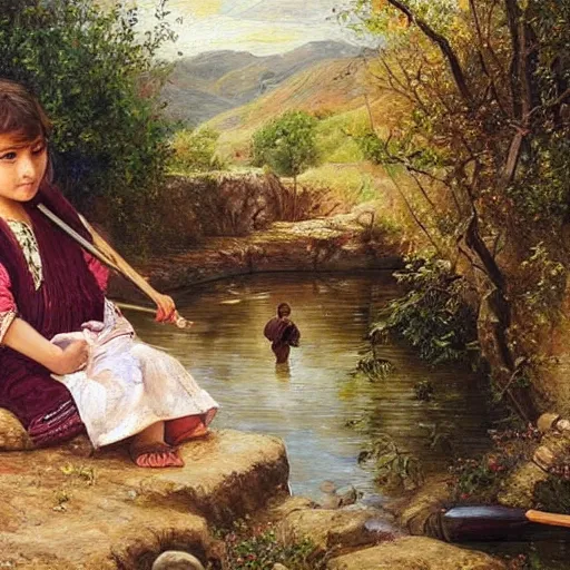 Image similar to beautiful painting by sophie anderson of a beautiful young kurdish girl painting by a river in a kurdish village, she is painting the river, award winning art, insanely detailed