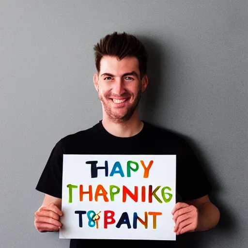 Image similar to man holding a sign that says “ thank you ” in bold uppercase letters, madly grinning, studio light