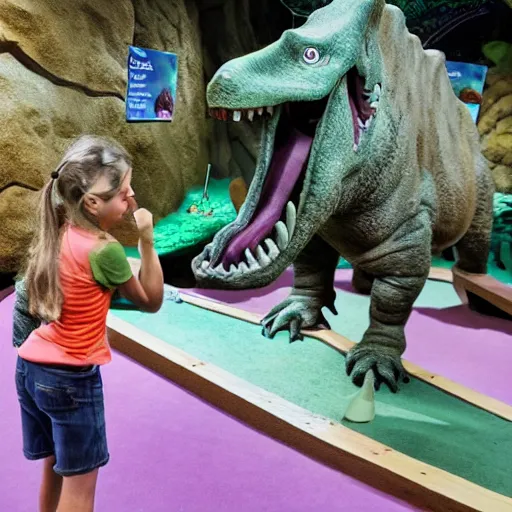 Image similar to mini golf in a dinosaur exhibit