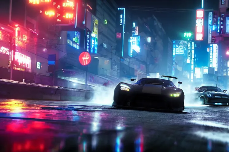 Image similar to tokyo drift fast and furious film still, racing on wet city street, gta 5, hyper detailed, forza, smooth, need for speed, high contrast, volumetric lighting, octane, george miller, jim lee, comic book, ridley scott