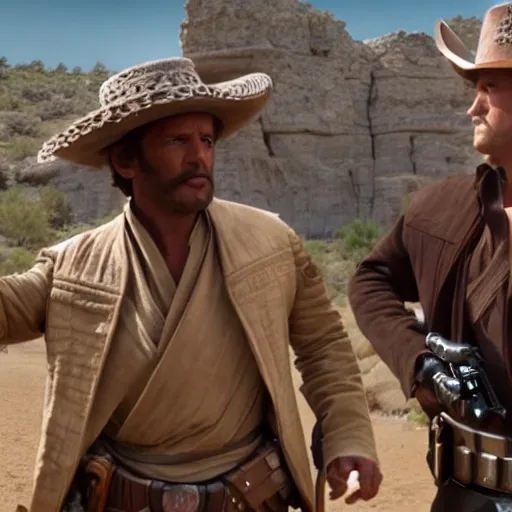 Prompt: film still from critically acclaimed star wars episode x that takes place in wild west, 4 k hd # film
