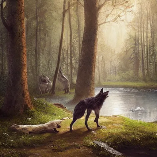 Image similar to an anthropomorphic wolf in a forest by the river, playing lute, by stanley lau and greg rutkowski
