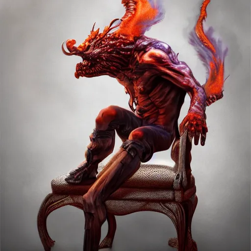 Image similar to realistic extremely detailed photo style portrait painting of a demon with smoke for a head and red burning eyes, siting in a chair, moebius, brom, ian miller, moody colors, octane render, 4k